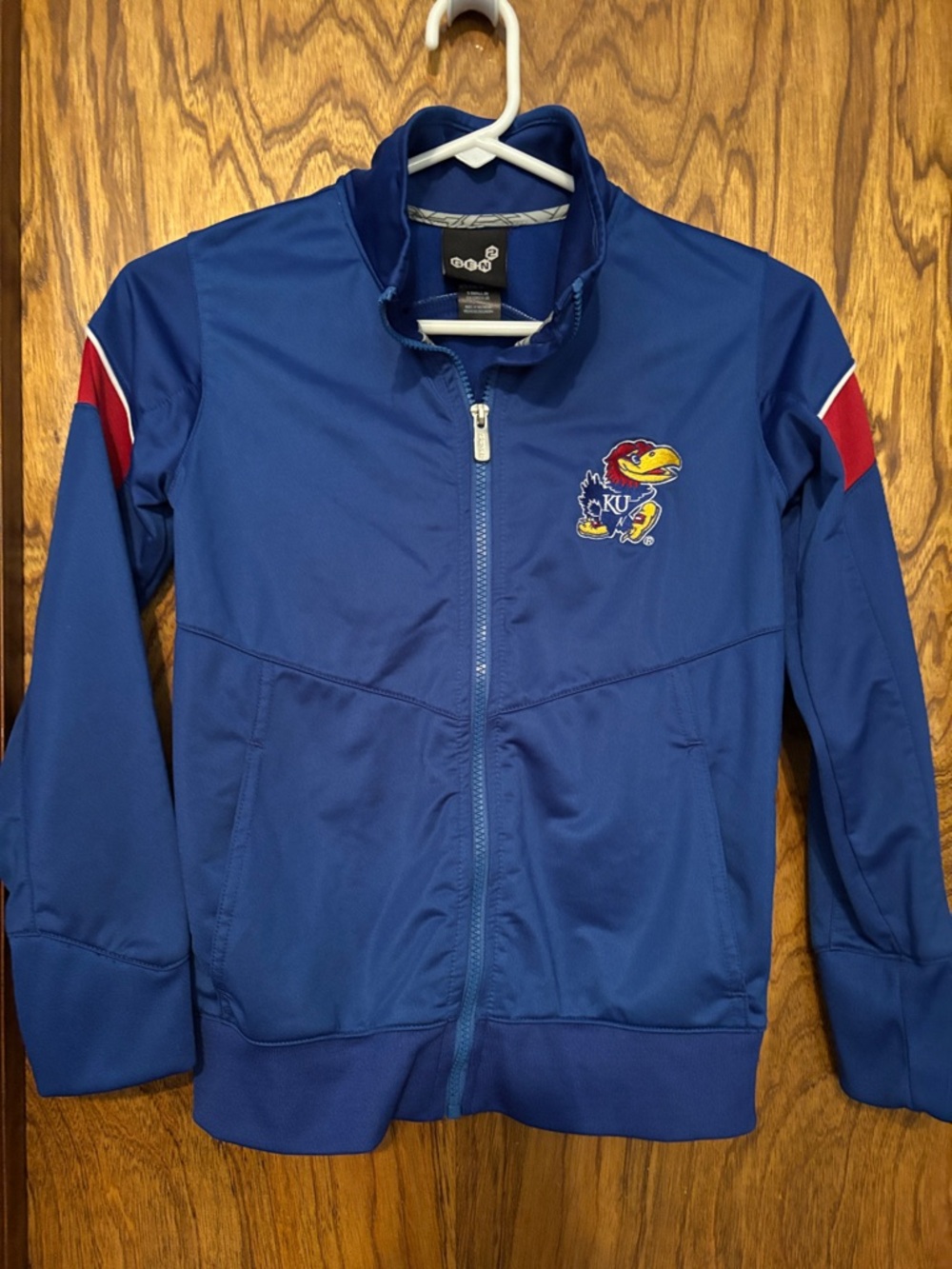 Kids Navy Full-Zip Jacket with Red Sleeve Accents - KU Jayhawk Logo